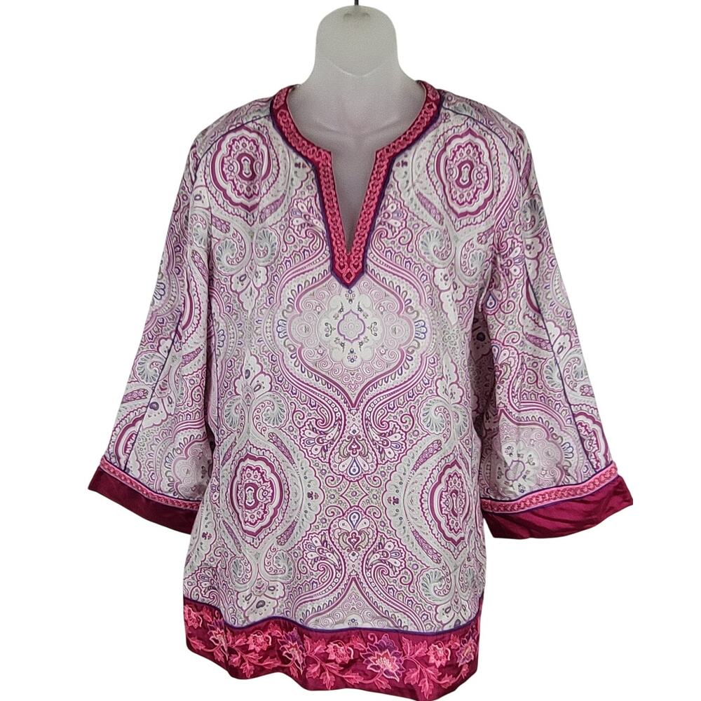 Robert Graham Pink Paisley Beaded Silk Shirt Tunic Top Blouse Women's Size XL